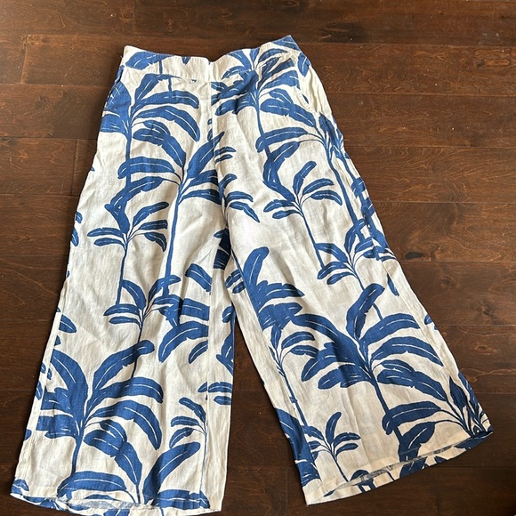 Tahari Womens Pants New Linen Wide Leg Blue White Sz L